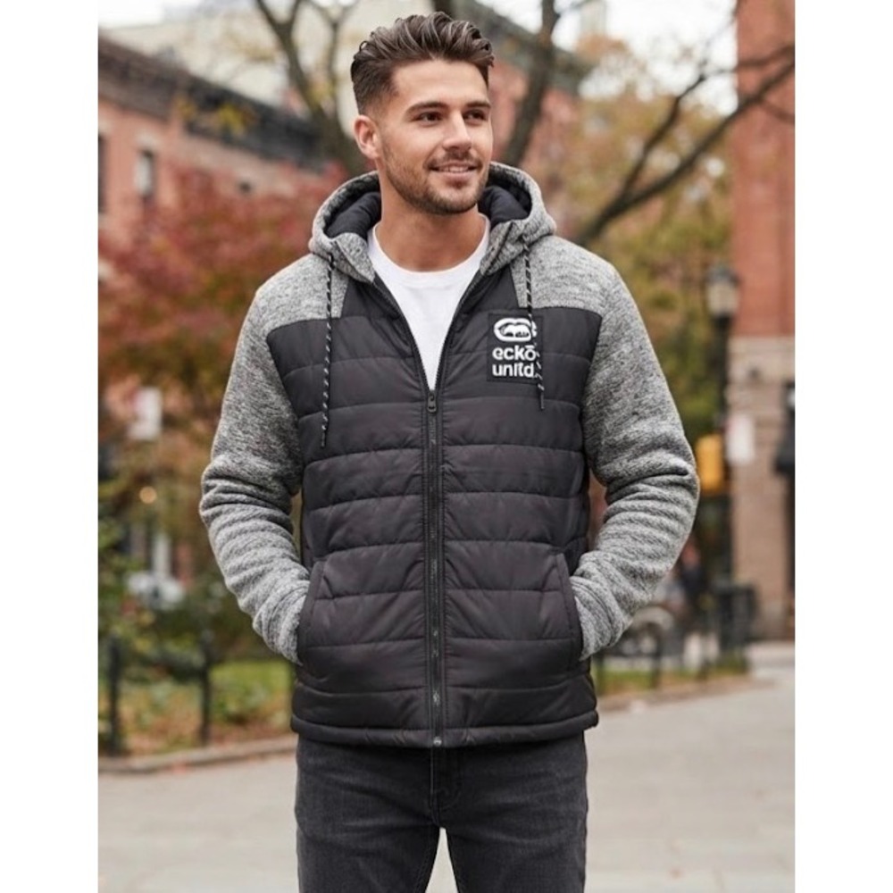 Ecko Unltd Mens Hybrid Puffer Jacket Grey Black Knit Sleeve Hooded XL
